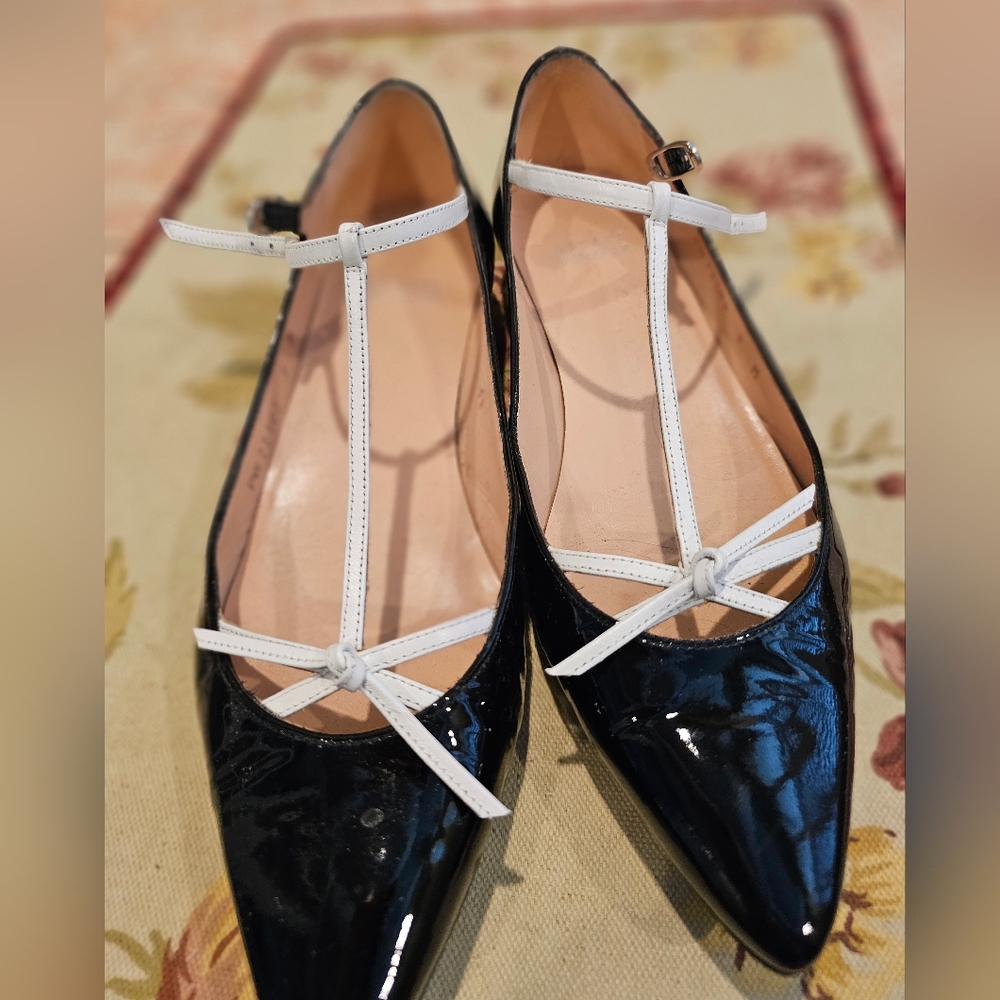 Stuart Weitzman Black and White Patent T-Strap Flats